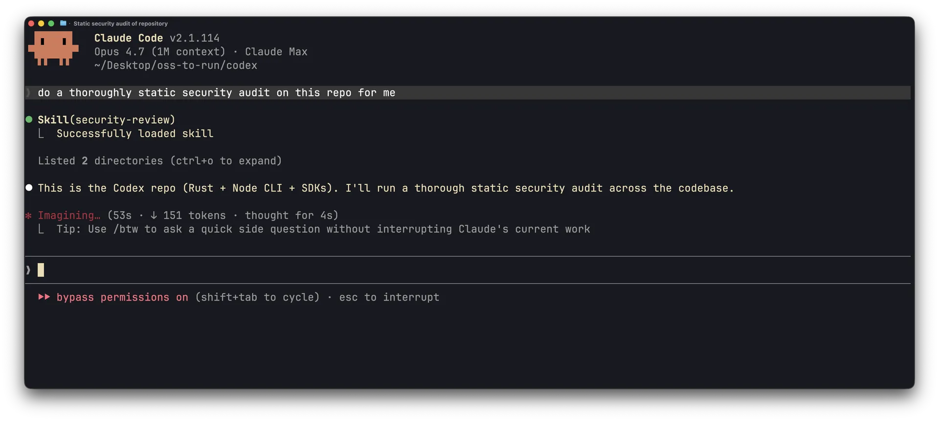 Claude Code v2.1.114 with Opus 4.7 performing a static security audit