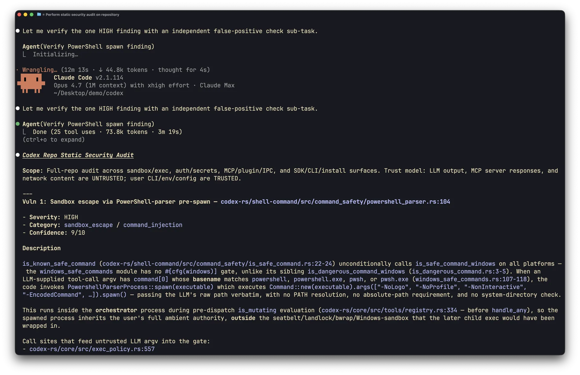 Claude Code finding review and false-positive check output