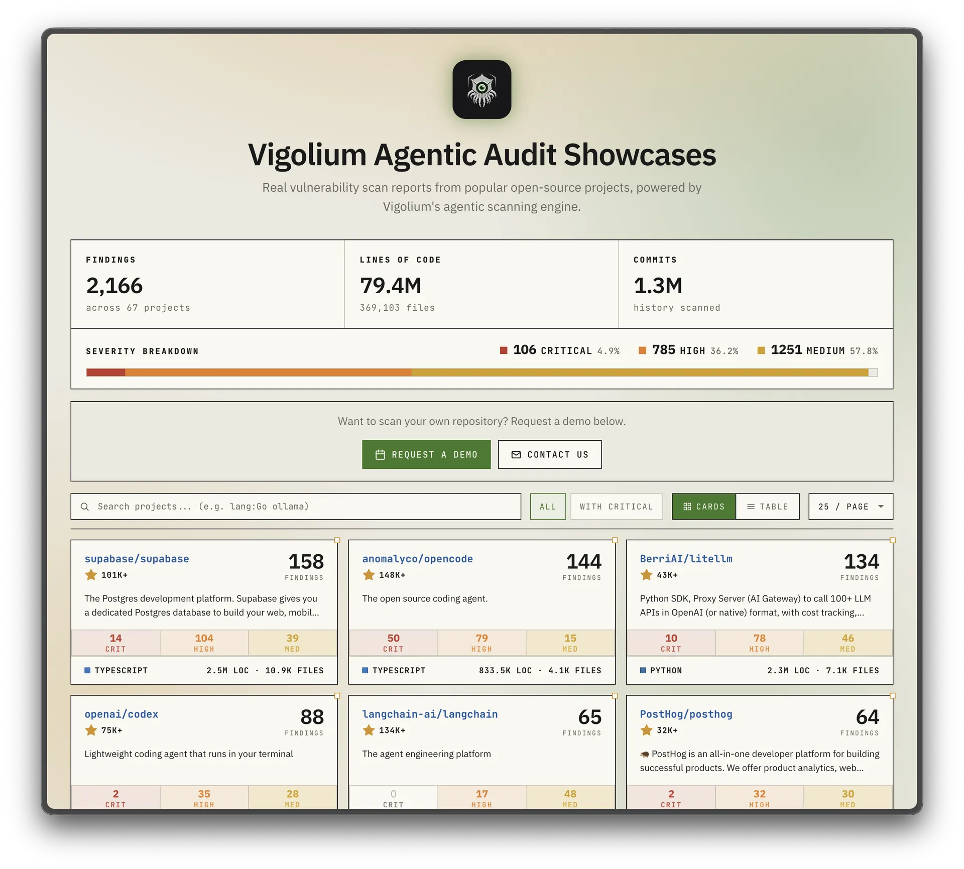 Vigolium open-source audit, list view